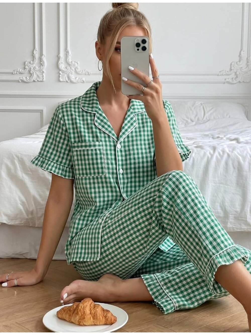 Women's Green Cotton Button Down Shirt Sleepwear 2 Piece Pajamas Set - Picture 6 of 7
